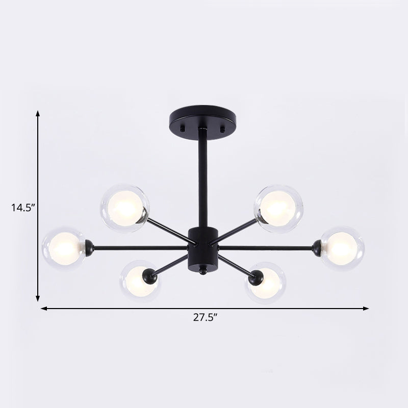 Modern Metal Burst Chandelier Light - 6 Lights Black Clear Glass Shade