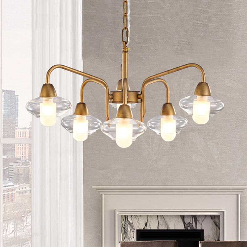 Modern Multi-Light Brass Elliptical Chandelier With Led Clear Glass Pendant