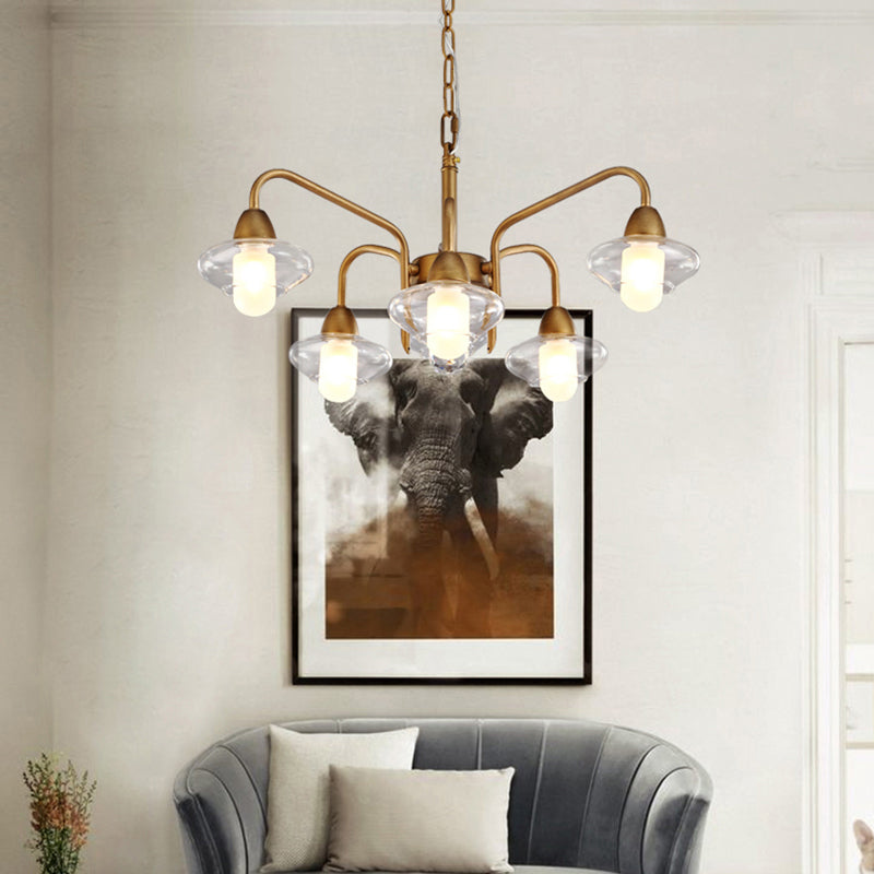 Modern Multi-Light Brass Elliptical Chandelier With Led Clear Glass Pendant