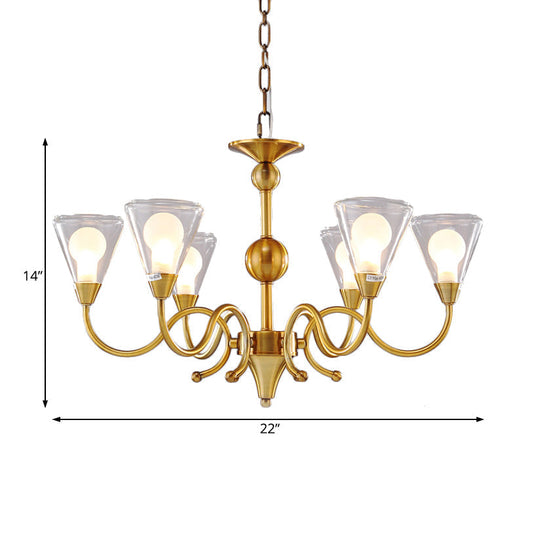 Clear Glass Led Brass Chandelier Pendant Lamp - Post-Modern Cone Design With Multi Lights And Curved