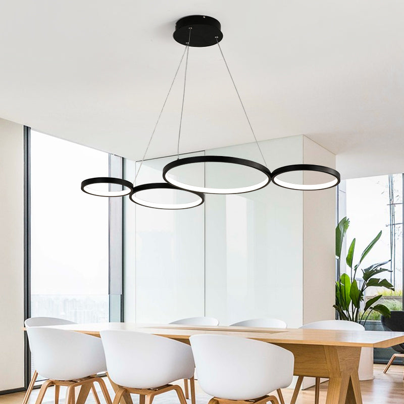 Led Acrylic Ceiling Chandelier With 4 Rings - Black/White Drop Pendant For Table Warm/White/Natural