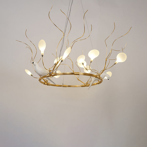 Lodge Led Gold Pendant Chandelier - Metal Ring Hanging Light With Acrylic Shade And Bird Accent