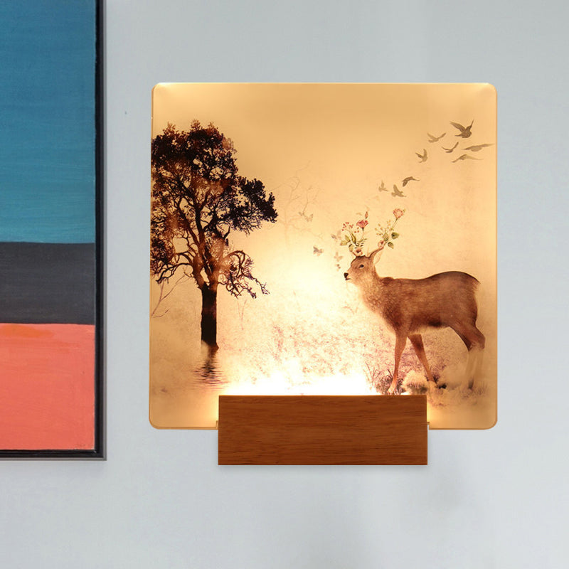 Square Wall Mounted Led Oriental Mural Light In Brown With Deer And Tree Pattern For Hallway