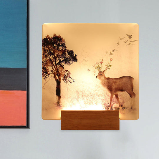 Square Wall Mounted Led Oriental Mural Light In Brown With Deer And Tree Pattern For Hallway