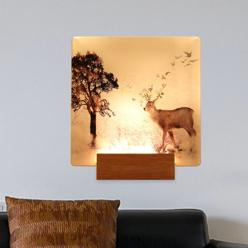 Square Wall Mounted Led Oriental Mural Light In Brown With Deer And Tree Pattern For Hallway