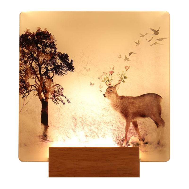 Square Wall Mounted Led Oriental Mural Light In Brown With Deer And Tree Pattern For Hallway