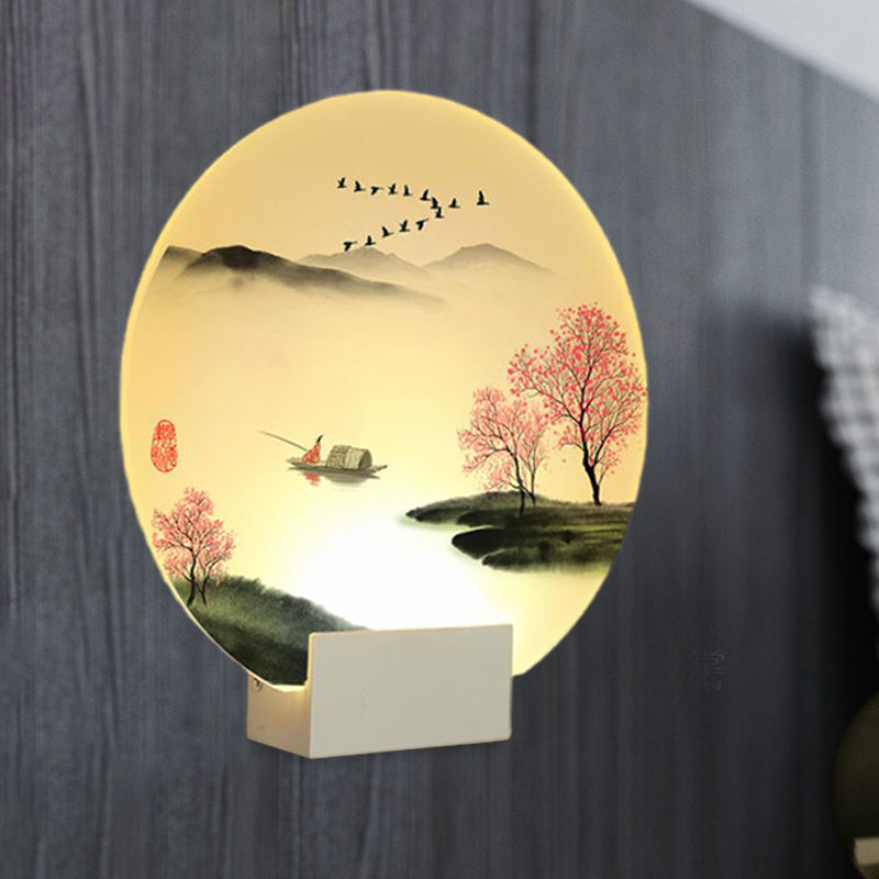 White Led Chinese Mountain And Lake Wall Lamp: Round Hallway Mural Lighting