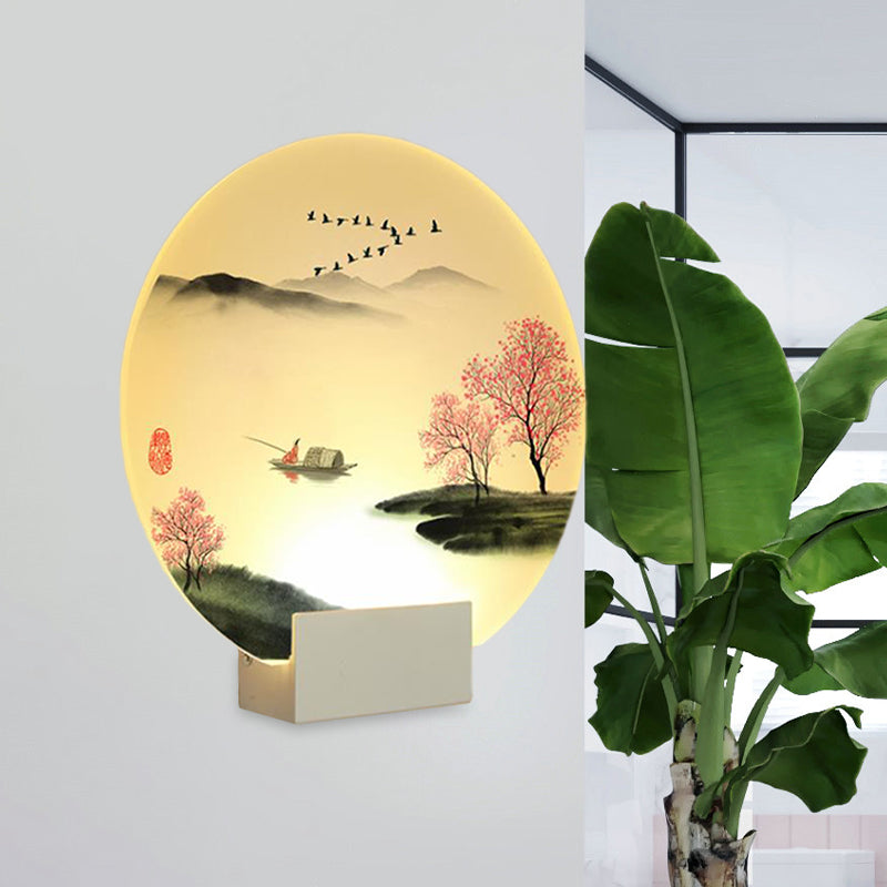 White Led Chinese Mountain And Lake Wall Lamp: Round Hallway Mural Lighting