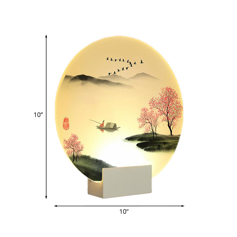 White Led Chinese Mountain And Lake Wall Lamp: Round Hallway Mural Lighting