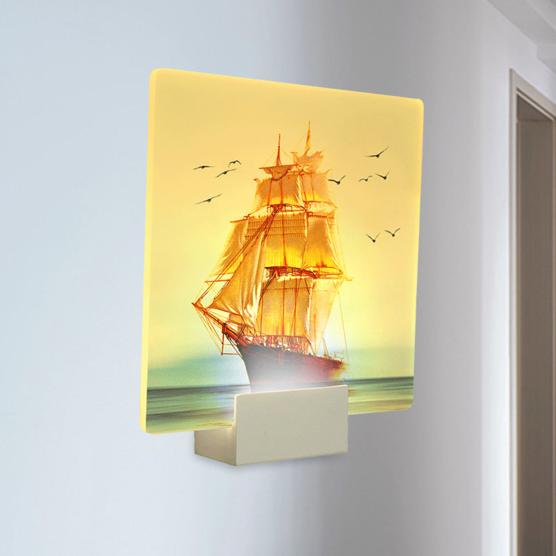 White Led Oriental Square Wall Mural With Sailing Boat And Sea Design