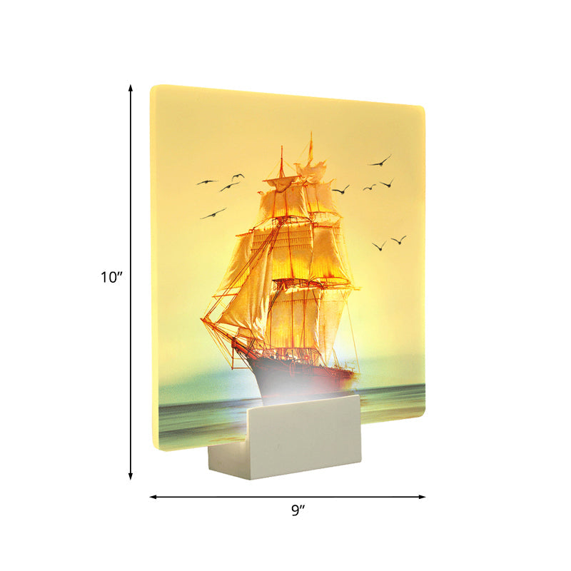 White Led Oriental Square Wall Mural With Sailing Boat And Sea Design