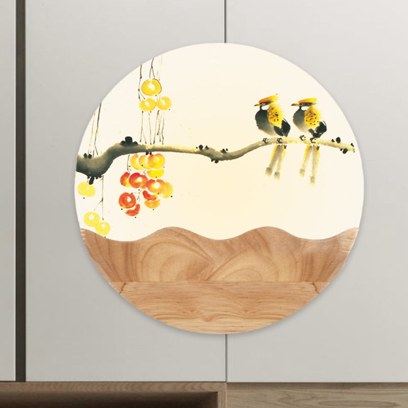 Asia Style Wall-Mounted Led Light With Wood Mural And Mountain/Branch Pattern