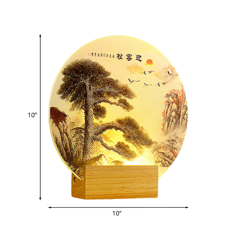 Acrylic Led Wall Light: Round Pine Tree & Mountain - Oriental Style Wood Mural Lamp