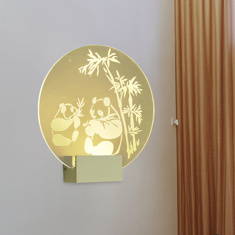 Chinese Acrylic Wall Lamp With Led Circular Design Featuring Panda And Bamboo Pattern - Clear Color