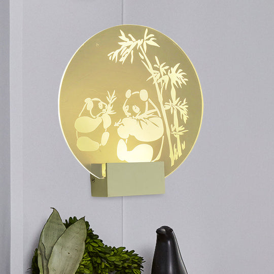 Chinese Acrylic Wall Lamp With Led Circular Design Featuring Panda And Bamboo Pattern - Clear Color