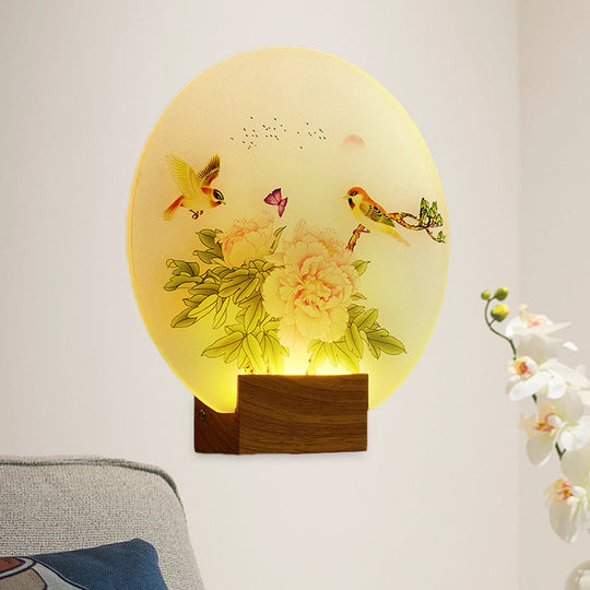 Asia Style Led Acrylic Wall Mounted Light For Bedroom- Brown Circular Blossom And Bird Mural