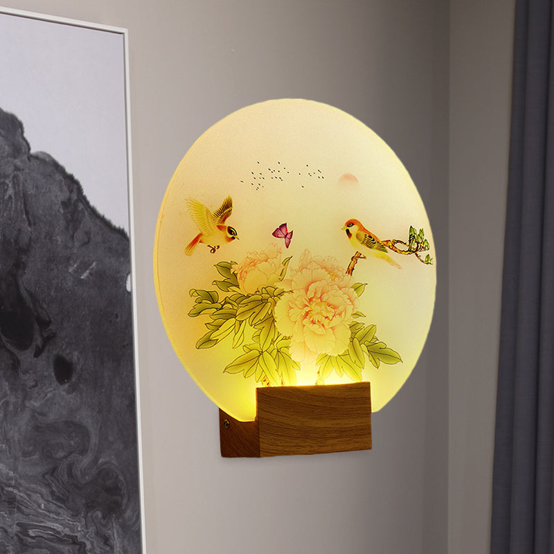 Asia Style Led Acrylic Wall Mounted Light For Bedroom- Brown Circular Blossom And Bird Mural