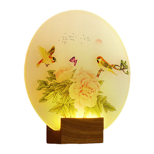 Asia Style Led Acrylic Wall Mounted Light For Bedroom- Brown Circular Blossom And Bird Mural