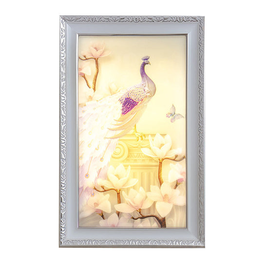 White And Pink Led Acrylic Wall Lamp With Oriental Peacock Magnolia Design