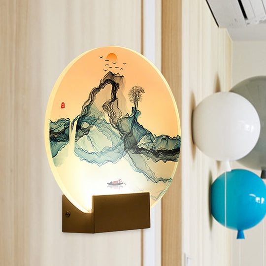 Chinese Style Led Wall Light With Mountain & Sun Design In Blue Acrylic