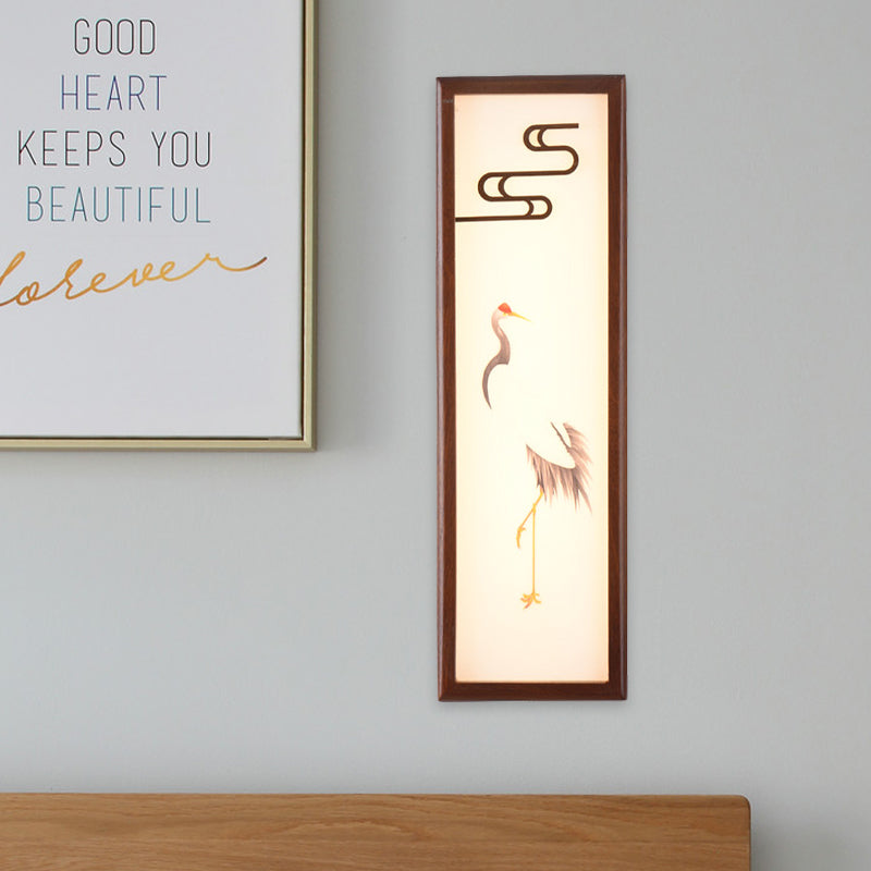 Oriental Style Led Bedside Wall Light With Brown Crane Patterned Mural And Wood Frame