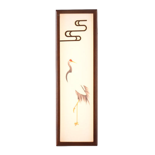 Oriental Style Led Bedside Wall Light With Brown Crane Patterned Mural And Wood Frame