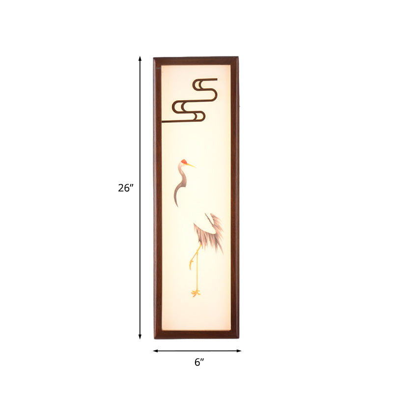 Oriental Style Led Bedside Wall Light With Brown Crane Patterned Mural And Wood Frame