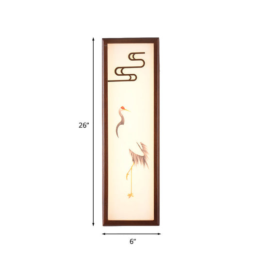 Oriental Style Led Bedside Wall Light With Brown Crane Patterned Mural And Wood Frame