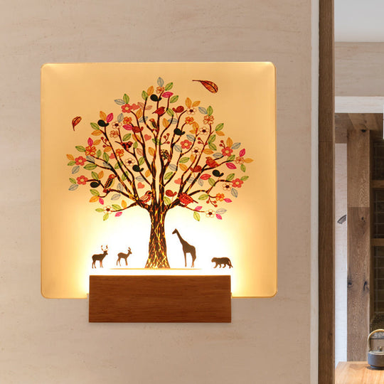 Chinese Style Led Acrylic Wall Lighting Fixture - Wood Square Tree And Animal Mural