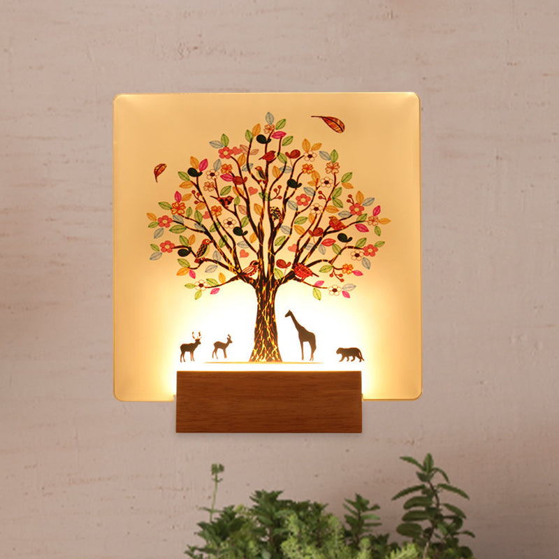 Chinese Style Led Acrylic Wall Lighting Fixture - Wood Square Tree And Animal Mural