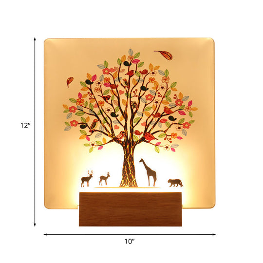 Chinese Style Led Acrylic Wall Lighting Fixture - Wood Square Tree And Animal Mural