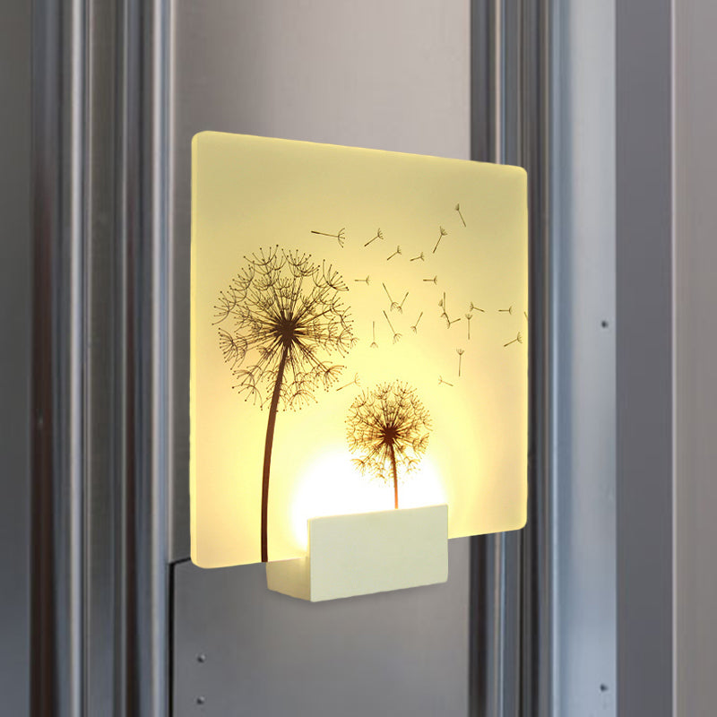 White Chinese Square Acrylic Wall Mural Lamp Led Fixture With Dandelion Pattern: Stylish Mount Light