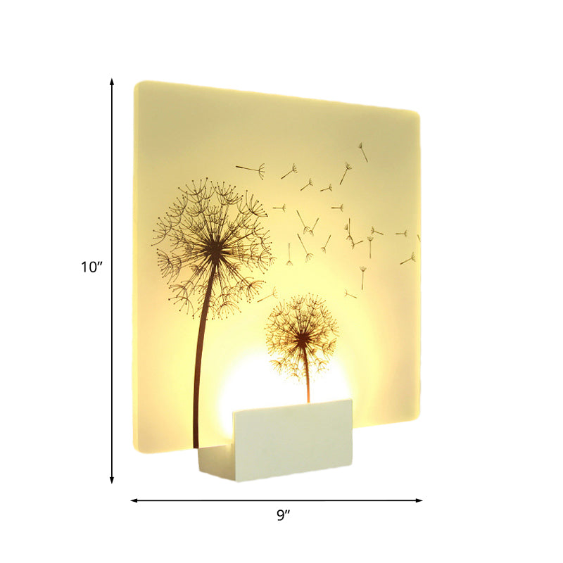 White Chinese Square Acrylic Wall Mural Lamp Led Fixture With Dandelion Pattern: Stylish Mount Light