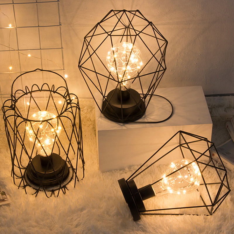 Stylish Black Metal Table Lamp With Cage Shade - Ideal For Bedside Or Loft Decor