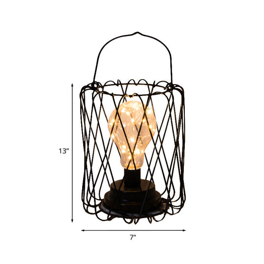 Stylish Black Metal Table Lamp With Cage Shade - Ideal For Bedside Or Loft Decor