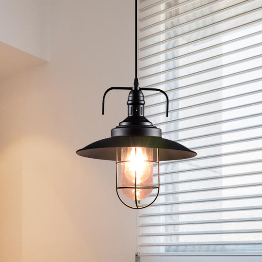 Nautical Black Metal Pendant Light With Flared Head And Wire Cage