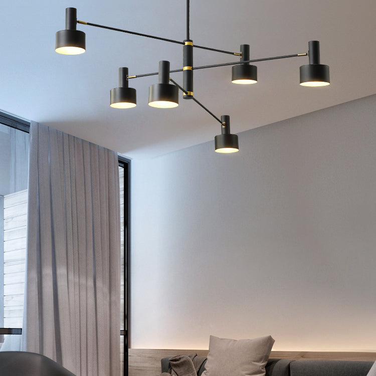 Nordic Long Arm Chandelier With Black/White Drum Shade - Stylish Metal Hanging Lighting For Living