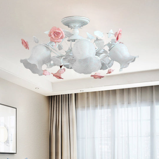 Korean Garden Blossom Semi Flush Mount Light Fixture with 6 White Glass Heads