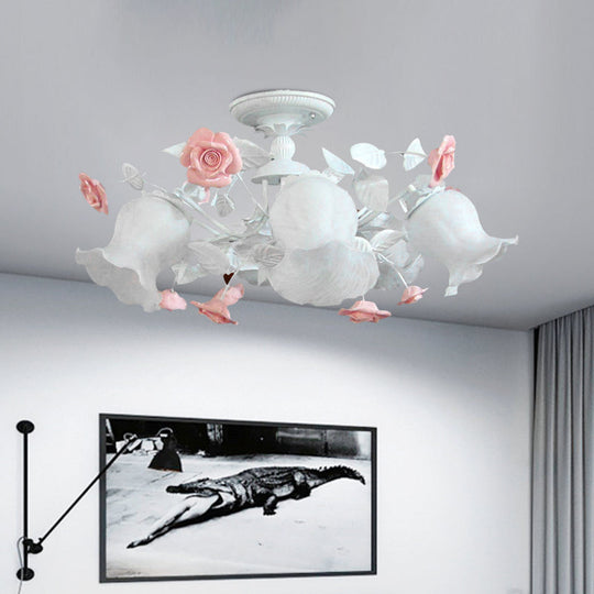 Korean Garden Blossom Semi Flush Mount Light Fixture with 6 White Glass Heads