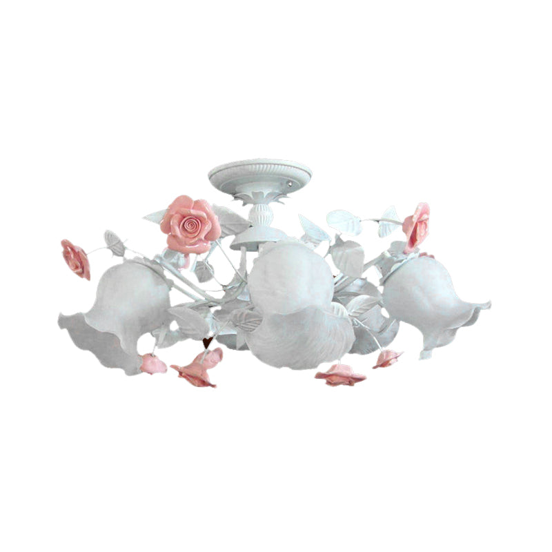 Korean Garden Blossom Semi Flush Mount Light Fixture with 6 White Glass Heads