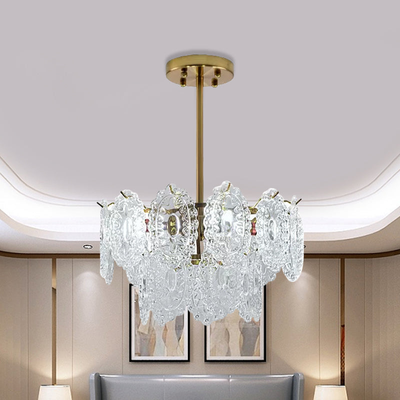 Modern Gold Glass Chandelier: Layered Scalloped Design, 4/6 Clear Bulbs, Hanging Bedroom Light Fixture