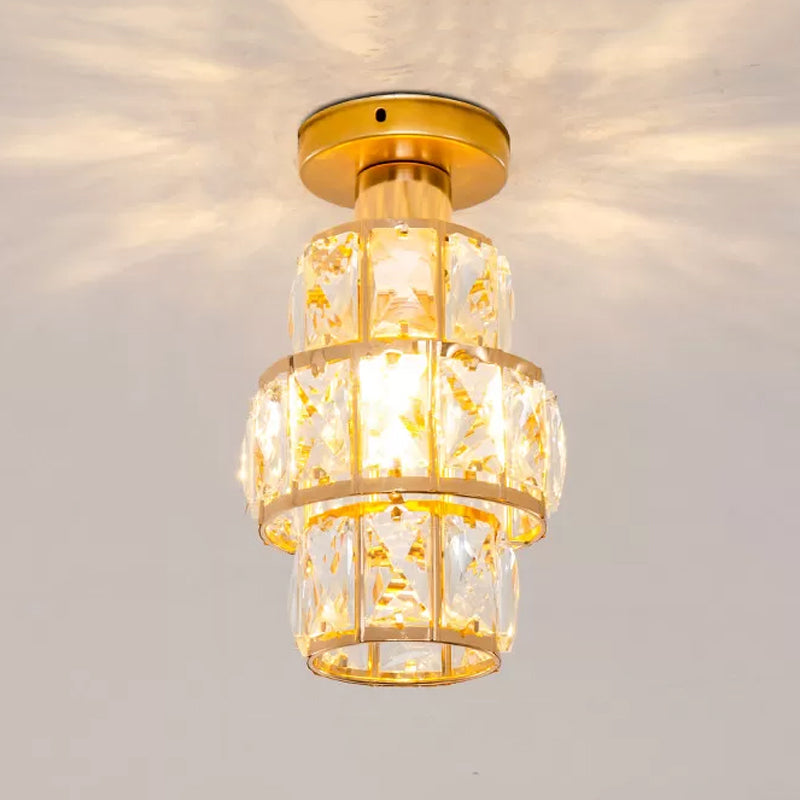 Traditional Gold Crystal Flush Mount Foyer Lamp with Beveled Inlay