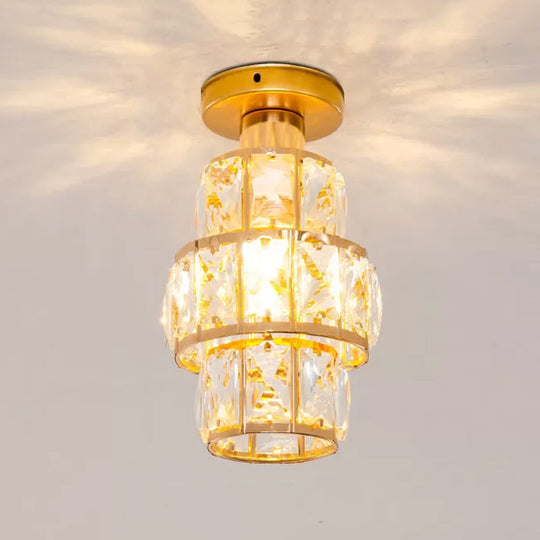 Traditional Gold Crystal Flush Mount Foyer Lamp with Beveled Inlay