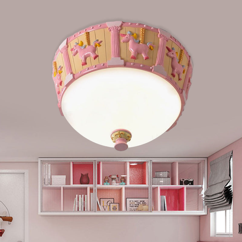 Resin Dome Flush Mount Light - Kids Pink/Green Led Flushmount With Carousel Pattern White/Warm