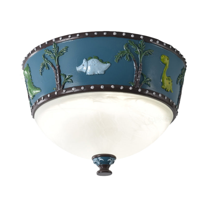 Bowl Opal Glass Ceiling Lamp - Kids Blue/Yellow Led Flush Mount With Dinosaur And Tree Pattern