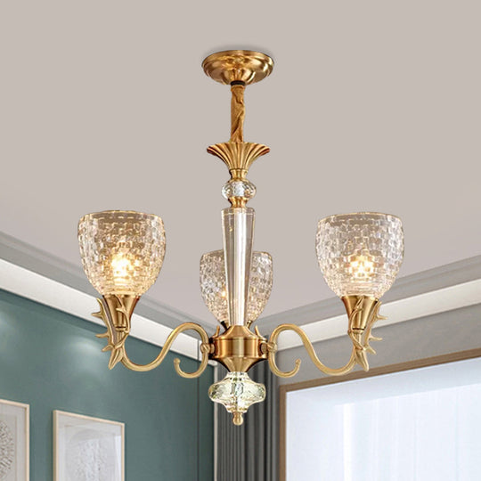 Modern Gridded K9 Crystal Chandelier - Bell Dining Room Pendant with 3 Brass Hanging Lights