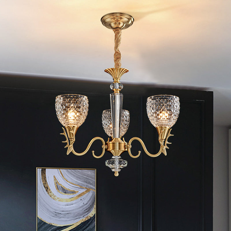 Modern Gridded K9 Crystal Chandelier - Bell Dining Room Pendant with 3 Brass Hanging Lights