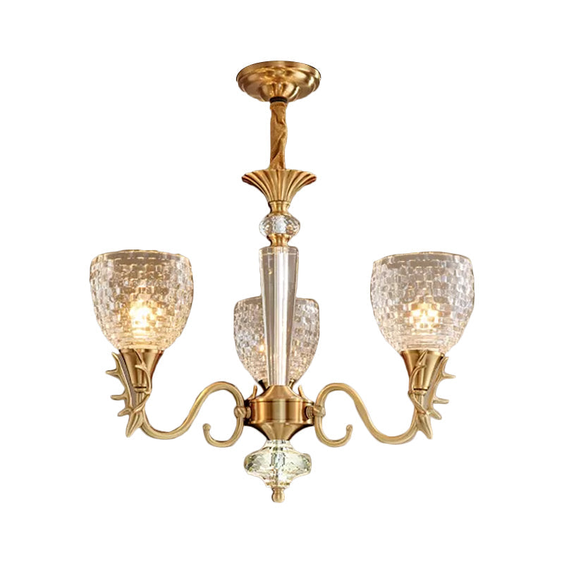 Modern Gridded K9 Crystal Chandelier - Bell Dining Room Pendant with 3 Brass Hanging Lights