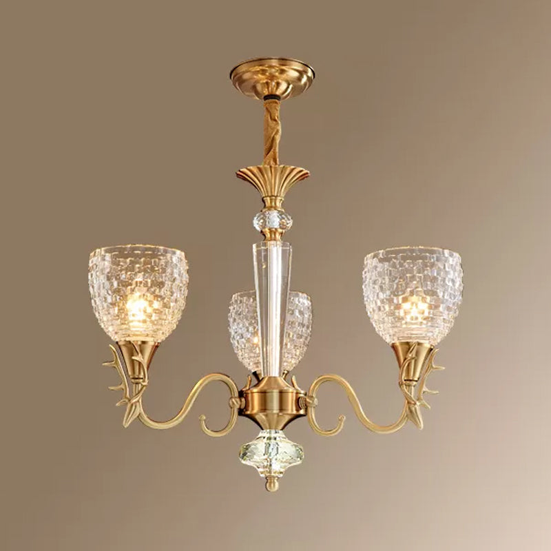 Modern Gridded K9 Crystal Chandelier - Bell Dining Room Pendant with 3 Brass Hanging Lights