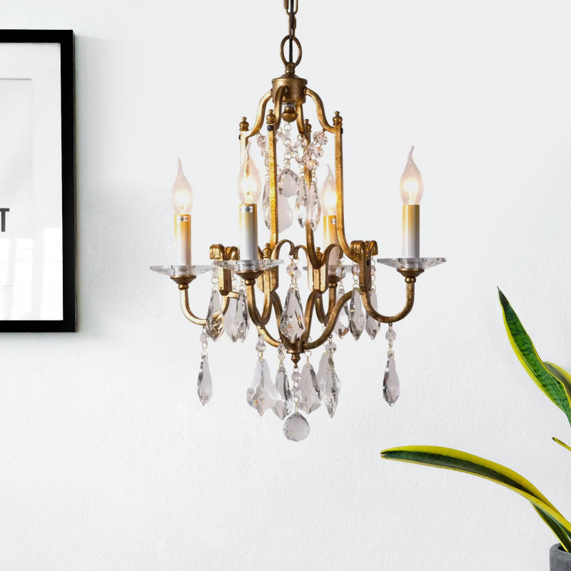 Antiqued Brass 4-Light Rustic Crystal Chandelier Pendant Lamp